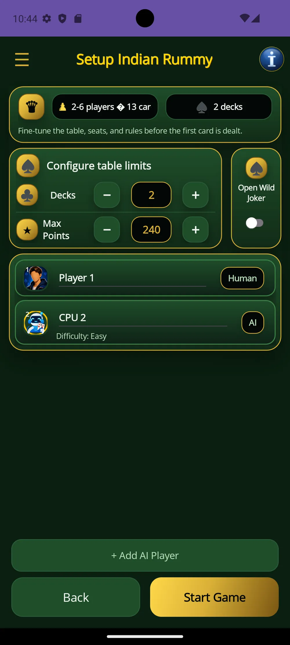 Indian Rummy — Set up the table