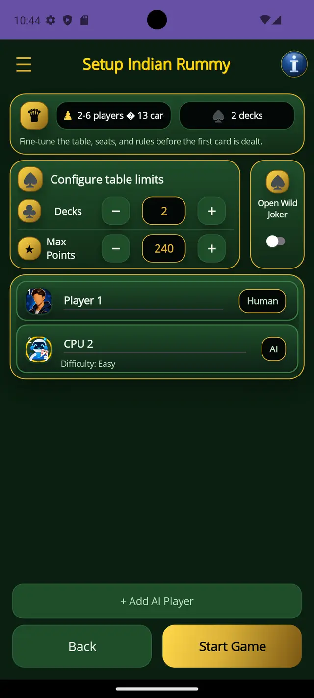 Indian Rummy — Set up the table