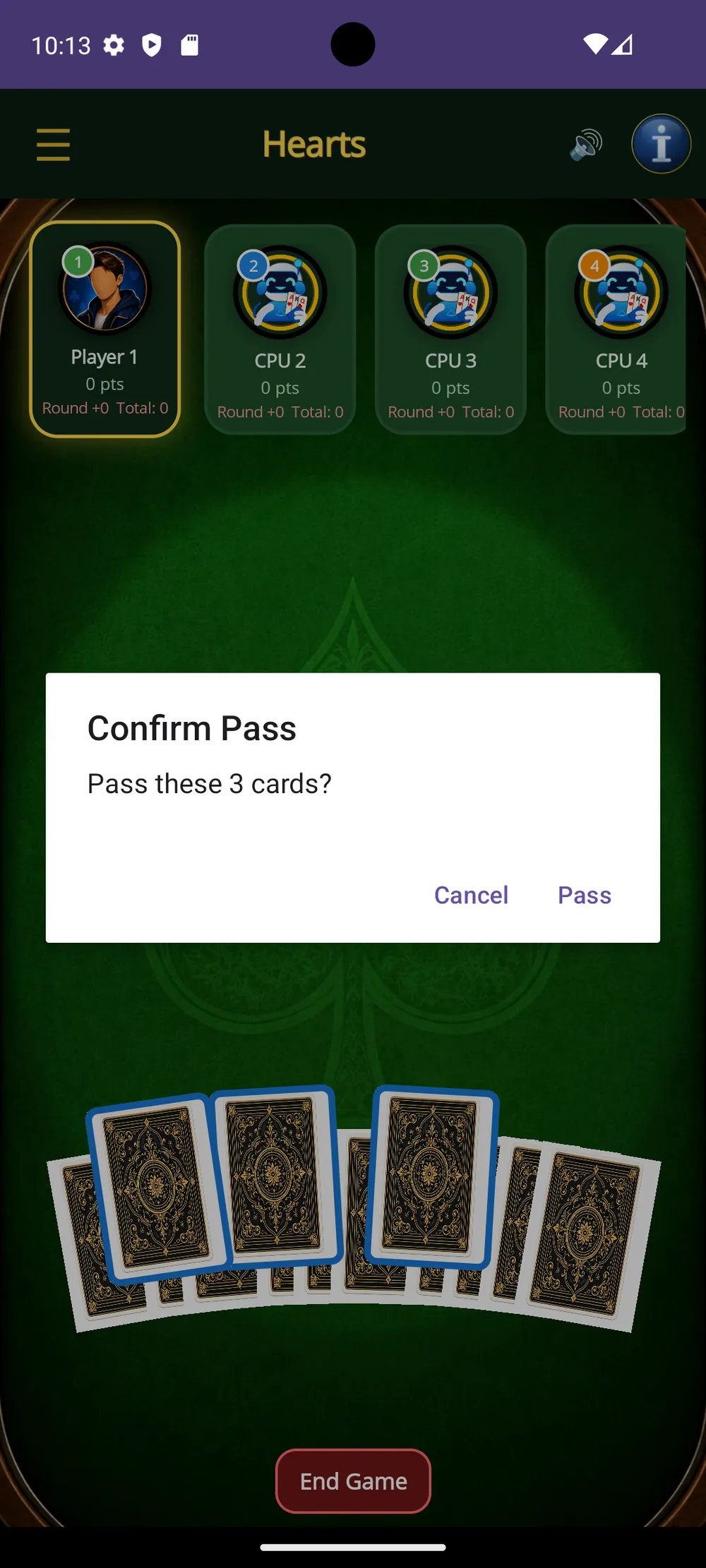 Corazones — Pass three cards