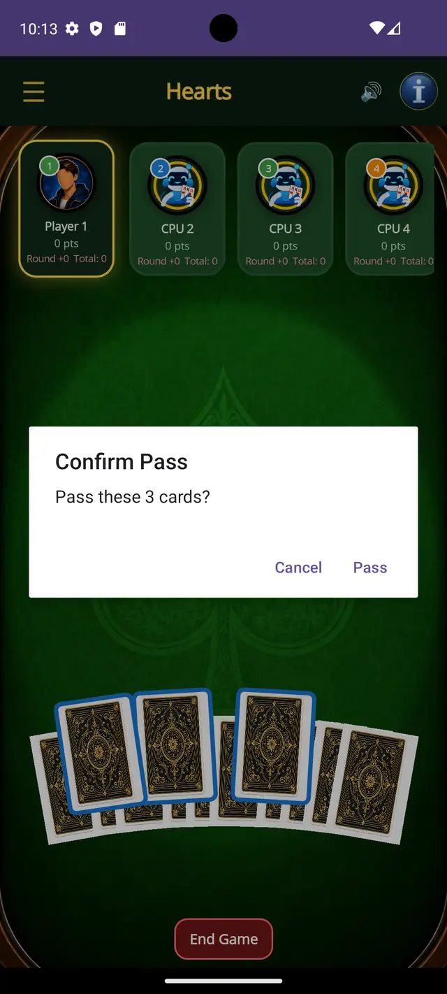 Corazones — Pass three cards