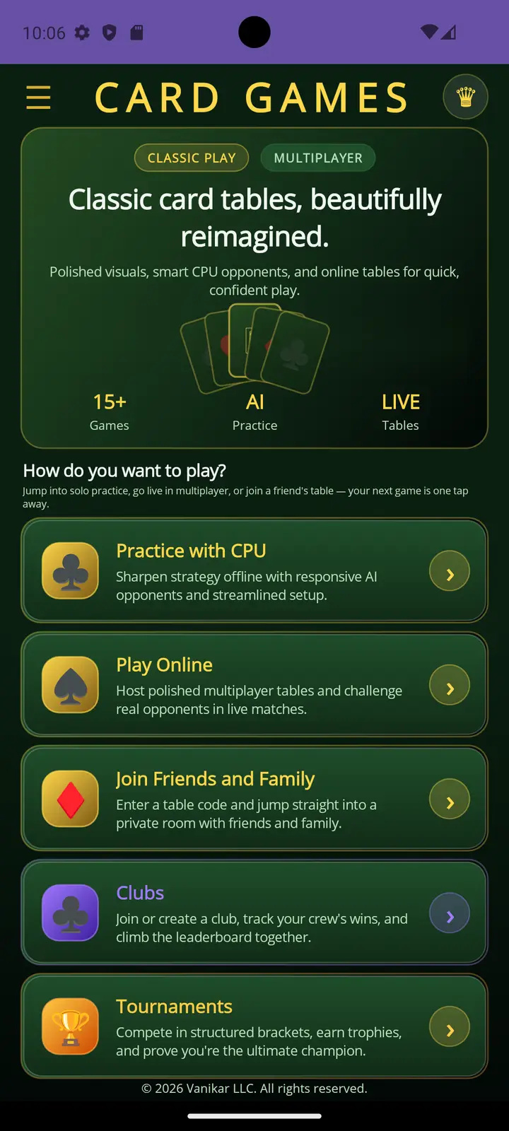 Card Games app — Inicio