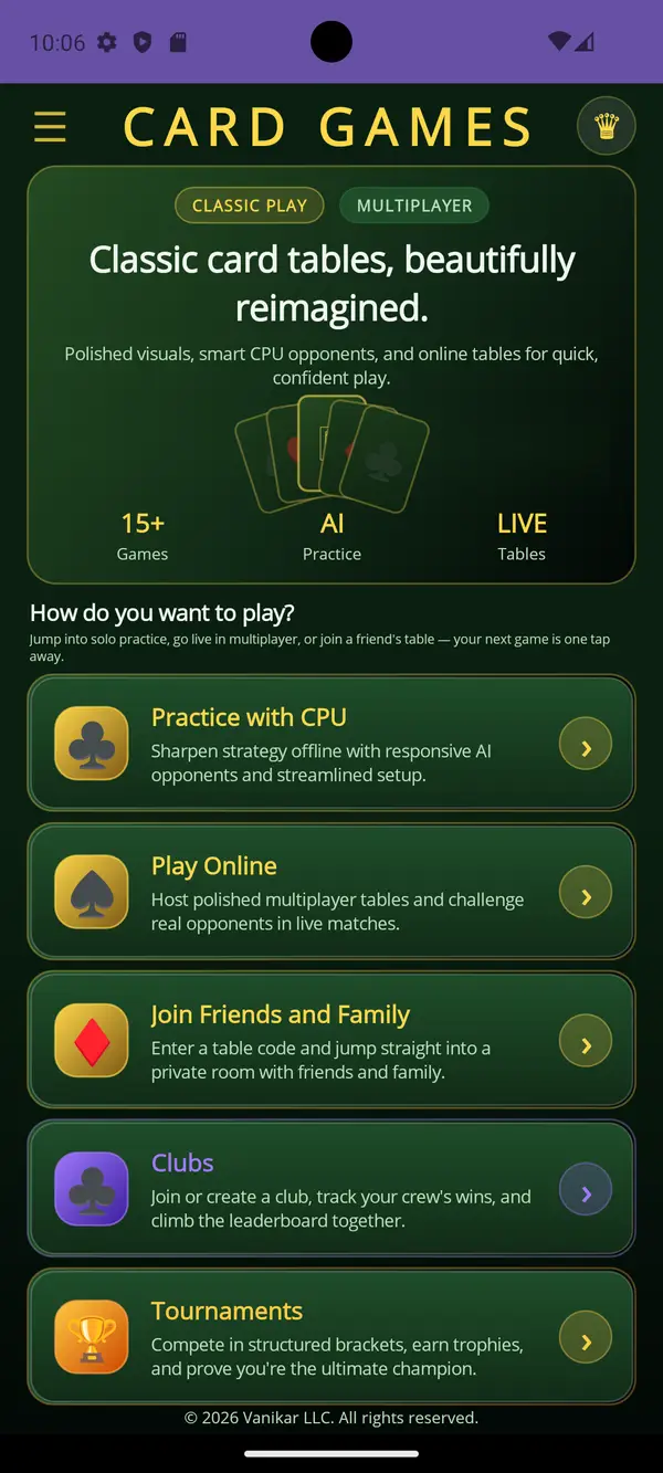 Card Games app home screen