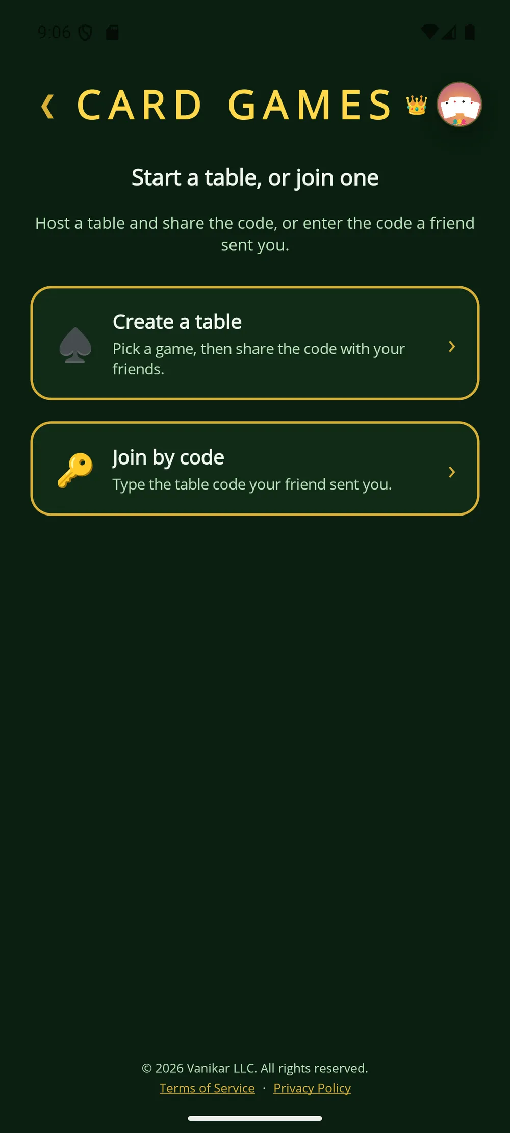 Card Games app — Play online