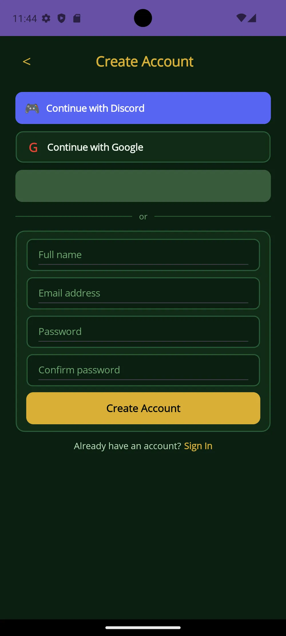 Card Games app — Crea una cuenta