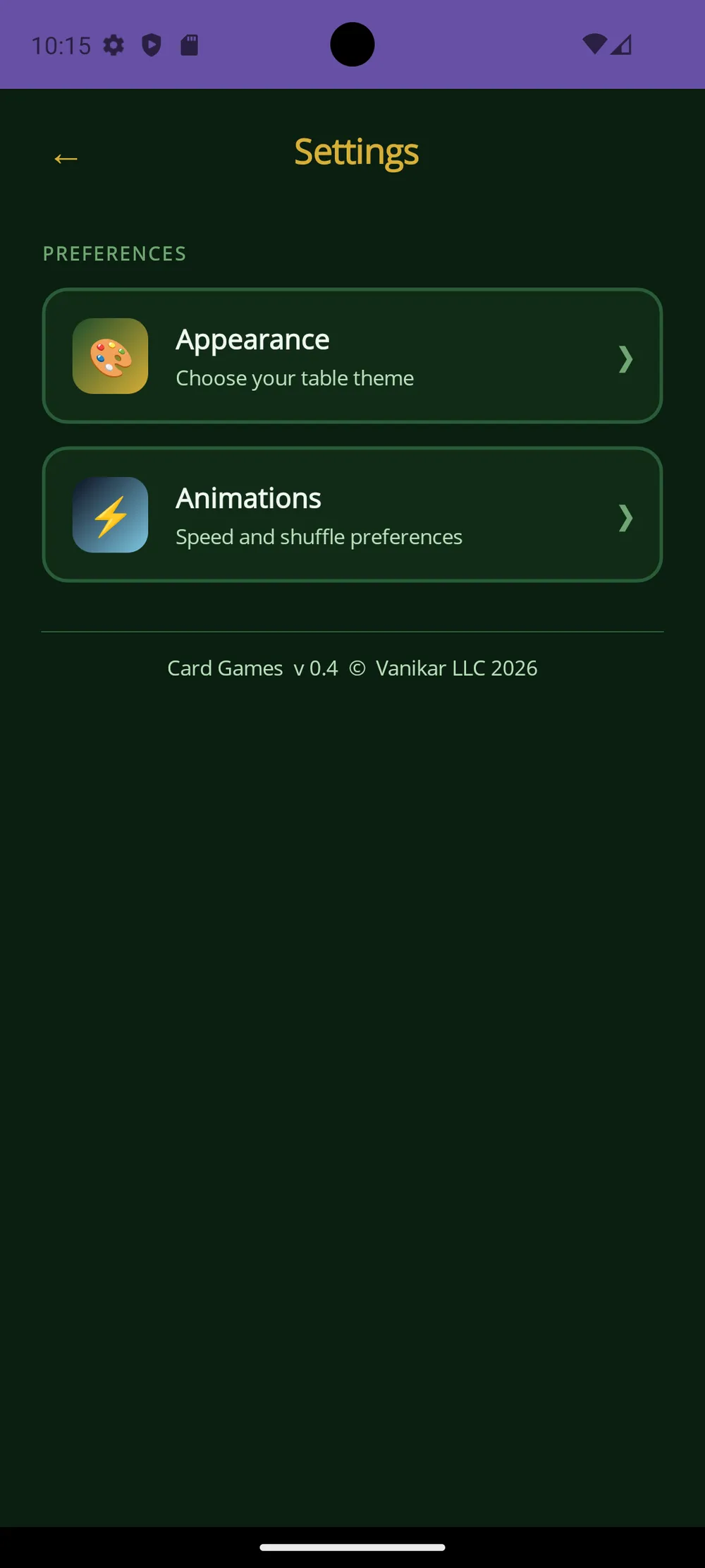 Card Games app — Ajustes