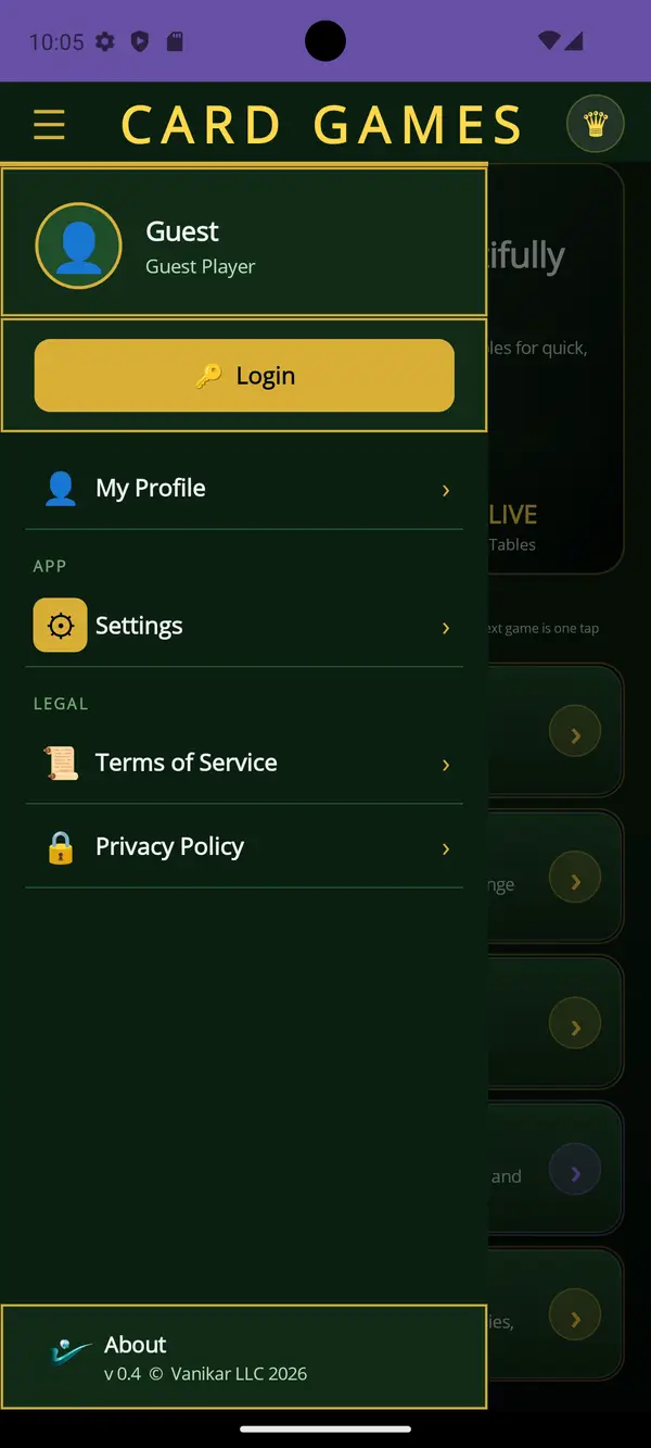 Card Games app — Todo al alcance