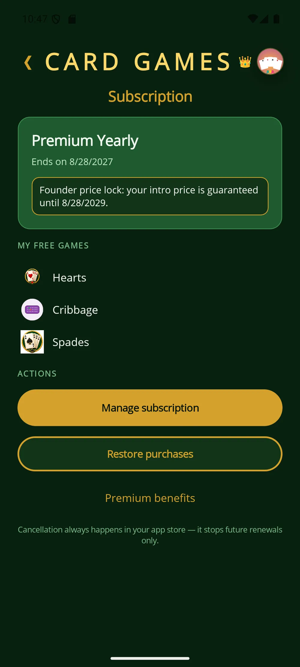 Card Games app — Your subscription